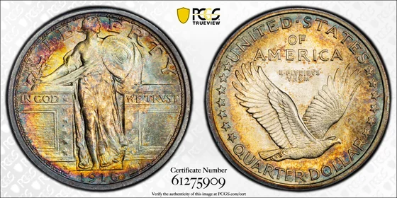 PCGS MS67 Full Head 1916 Standing Liberty quarter, obverse and reverse, reference example