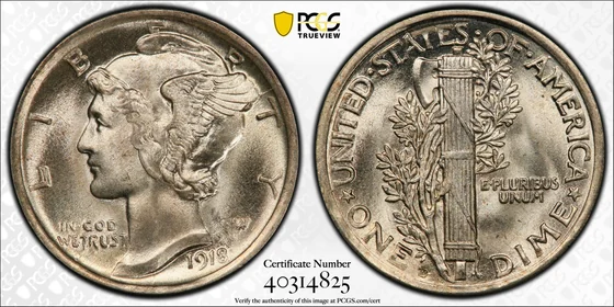 PCGS MS66+ 1918-D Mercury dime, without a Full Bands designation, obverse and reverse, reference example
