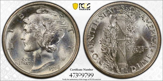 PCGS MS67 1918-S Mercury dime, without a Full Bands designation, obverse and reverse, reference example