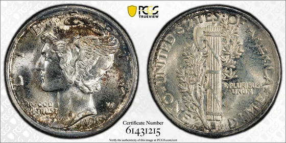 PCGS MS66 1919-D Mercury dime, without a Full Bands designation, obverse and reverse, reference example