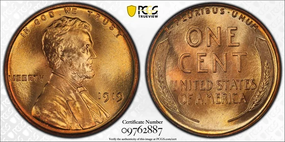 Obverse and reverse of 1919 Philadelphia Lincoln cent; PCGS TrueView photograph
