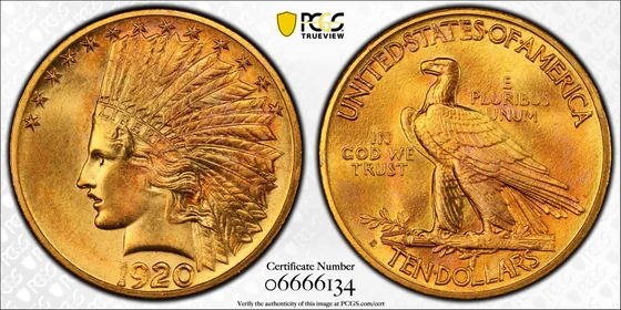 PCGS TrueView photograph of 1920-S Indian Head Eagle