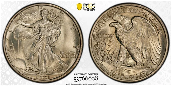 PCGS MS66 1921-D Walking Liberty half dollar, obverse and reverse, reference example
