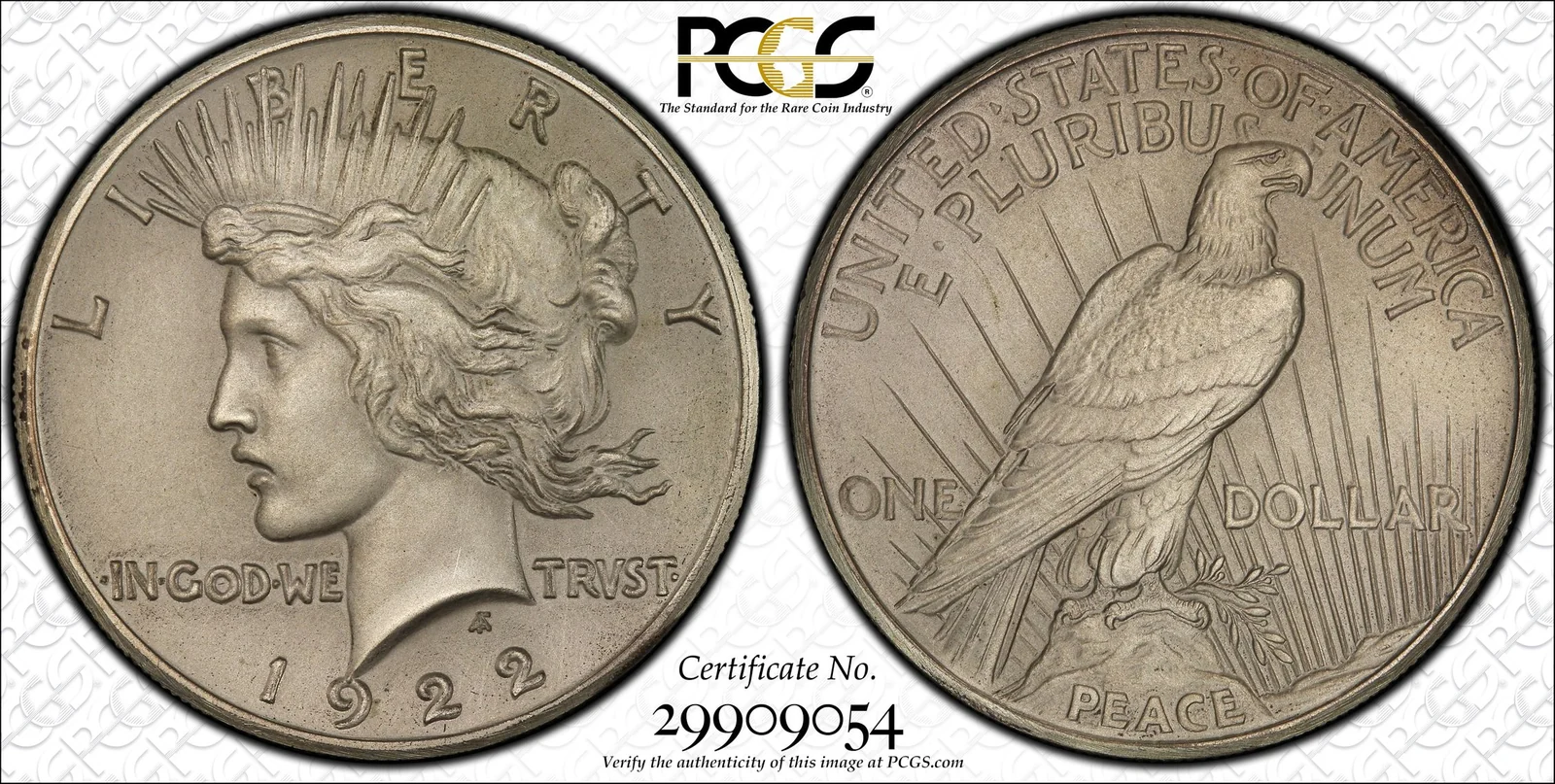 PCGS TrueView photograph of 1922 Peace Dollar, High Relief Matte Proof