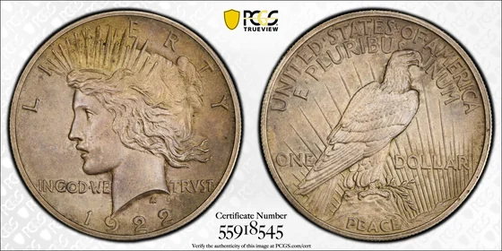 PCGS TrueView photograph of 1922 Peace Dollar, Modified High Relief Judd-2020