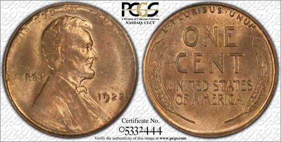 Obverse and reverse of 1922 No D Lincoln cent, Strong Reverse; PCGS TrueView photograph