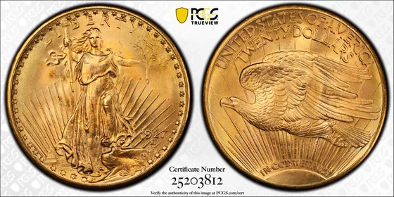 Obverse and reverse of a PCGS MS66 1927-D Saint-Gaudens double eagle