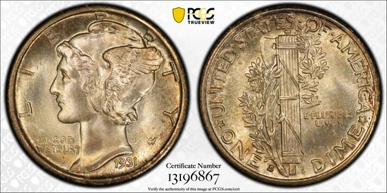 PCGS TrueView showing both sides of 1931-S Mercury Dime
