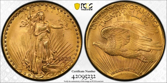 Obverse and reverse of the PCGS MS65 1933 Saint-Gaudens double eagle