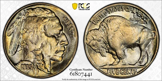 1935 Buffalo nickel, Doubled Die Reverse, PCGS MS66 specimen, obverse and reverse