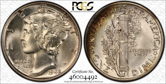 PCGS MS66FB 1942/1 Mercury dime, obverse and reverse, reference example