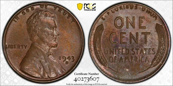 Obverse and reverse of 1943-D Bronze Lincoln cent; PCGS TrueView photograph