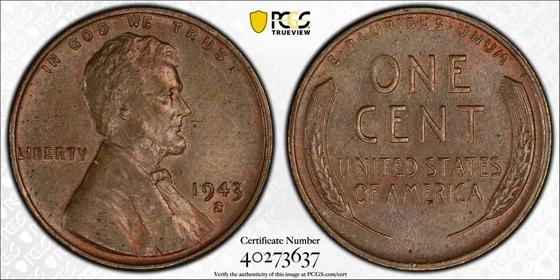Obverse and reverse of 1943-S Bronze Lincoln cent; PCGS TrueView photograph