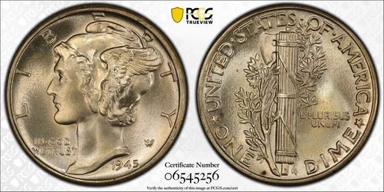 PCGS MS67+FB 1945 Mercury dime, obverse and reverse, reference example