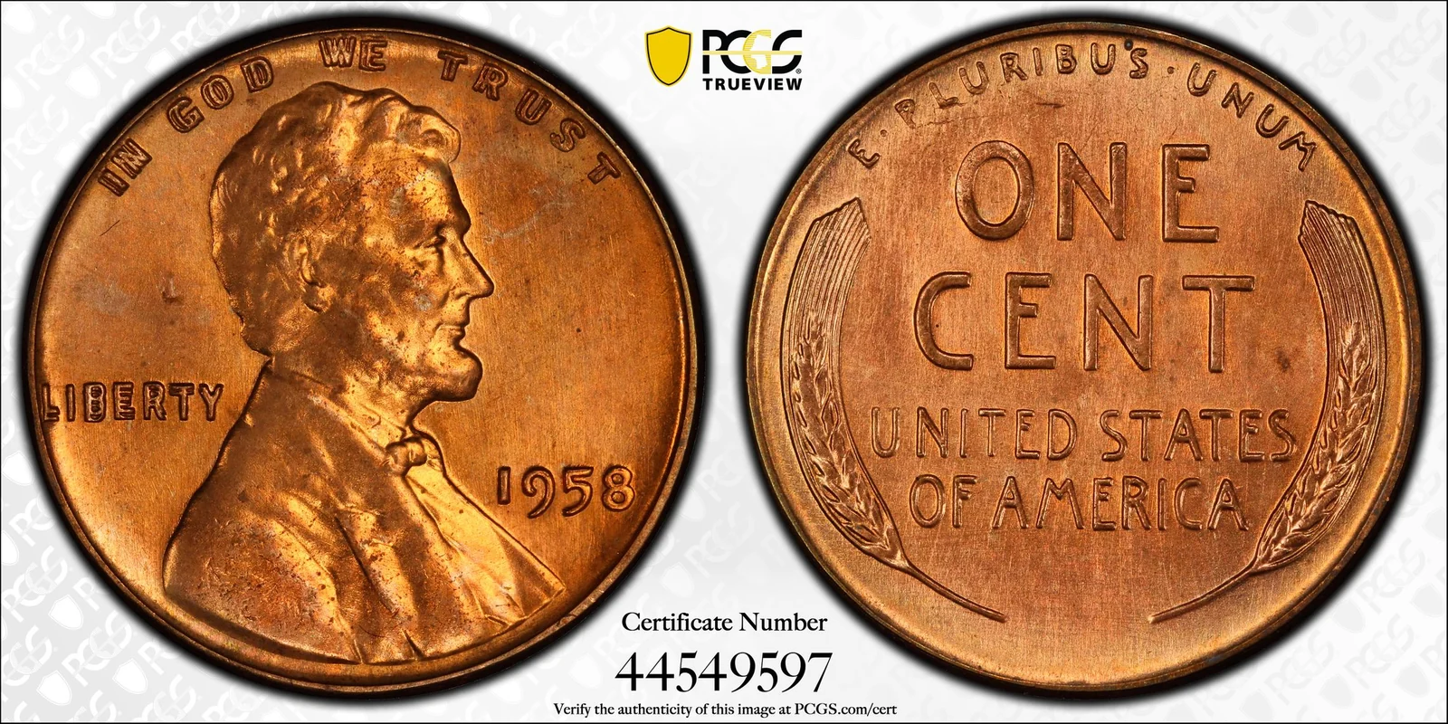 Obverse and reverse of 1958 Lincoln cent, Doubled Die Obverse; PCGS TrueView photograph