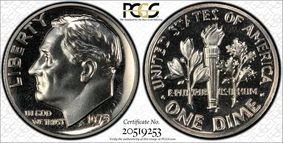 PCGS TrueView of the PR68 1975 No S proof Roosevelt dime, not the 2024 PR67 sale specimen