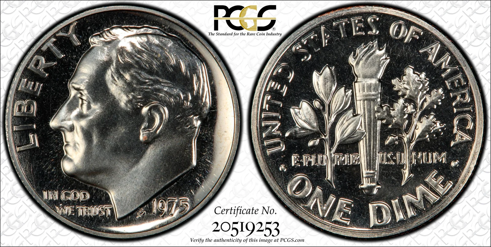 PCGS TrueView of the PR68 1975 No S proof Roosevelt dime, not the 2024 PR67 sale specimen