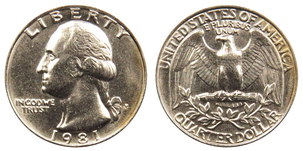 Obverse and reverse of a 1981-P Washington quarter from the existing CoinHub archive