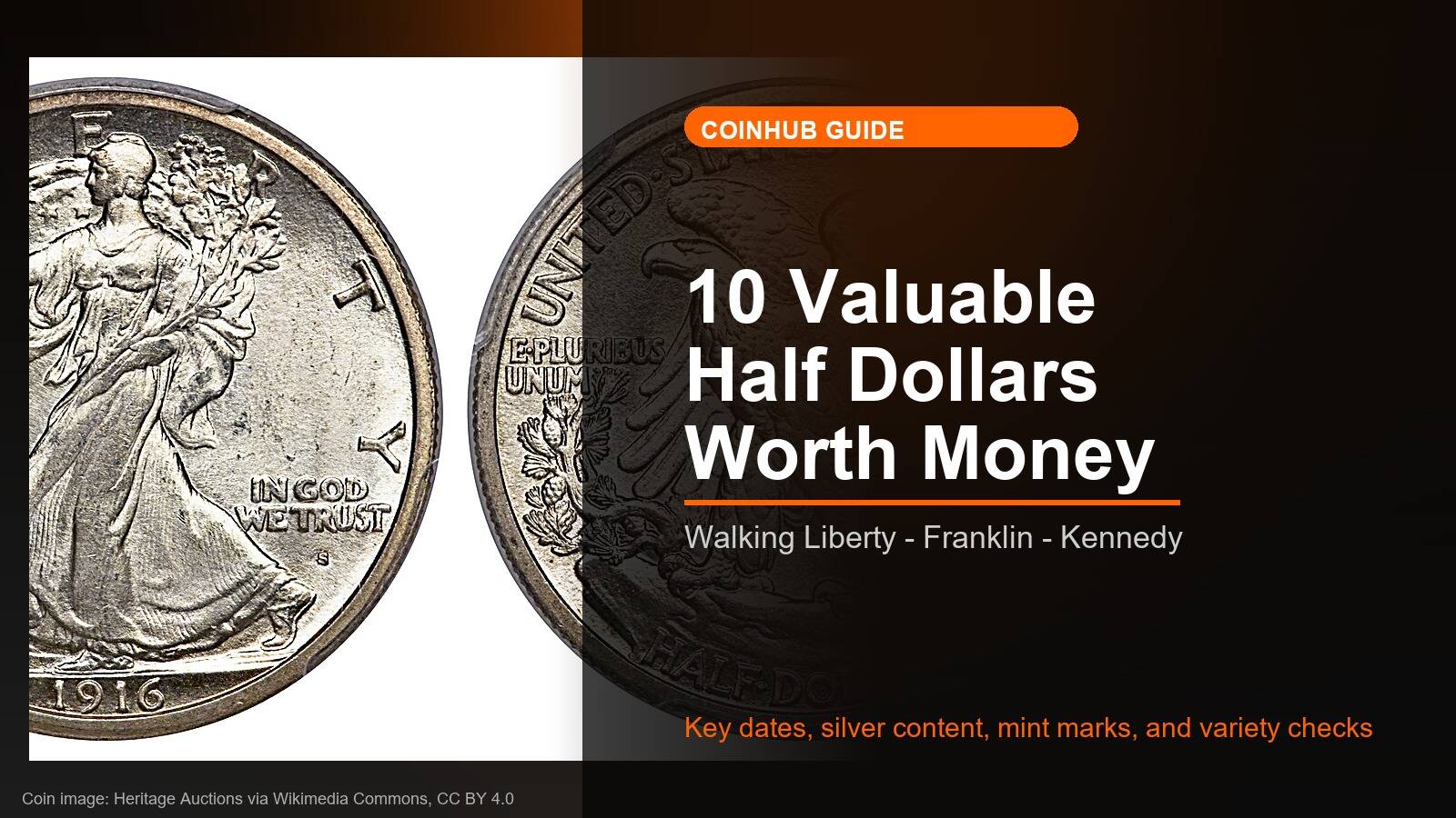 1916-S Walking Liberty half dollar and CoinHub valuable half dollars guide graphic