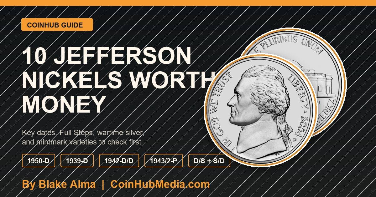 CoinHub guide image for 10 Jefferson nickels worth money with Jefferson nickel obverse and Monticello reverse
