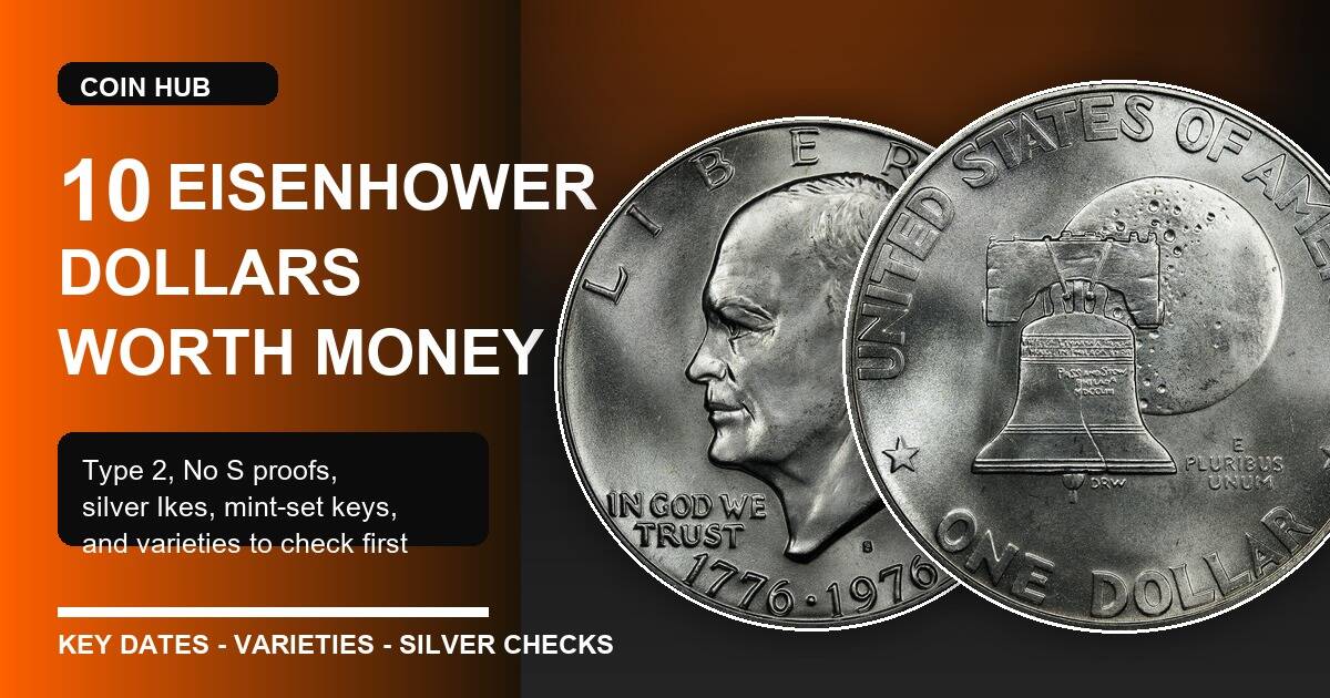 CoinHub guide image for 10 Eisenhower dollars worth money with Bicentennial Eisenhower dollar obverse and reverse
