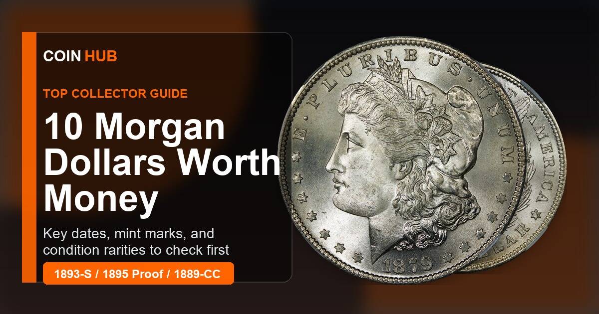 CoinHub guide image for 10 Morgan dollars worth money with Morgan silver dollar obverse and reverse