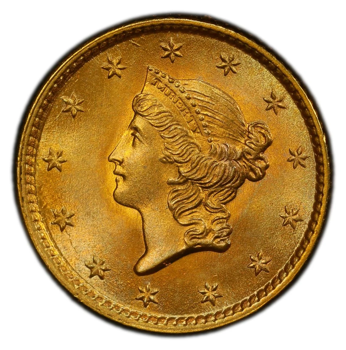 Obverse of an 1854 Type 1 Liberty Head gold dollar