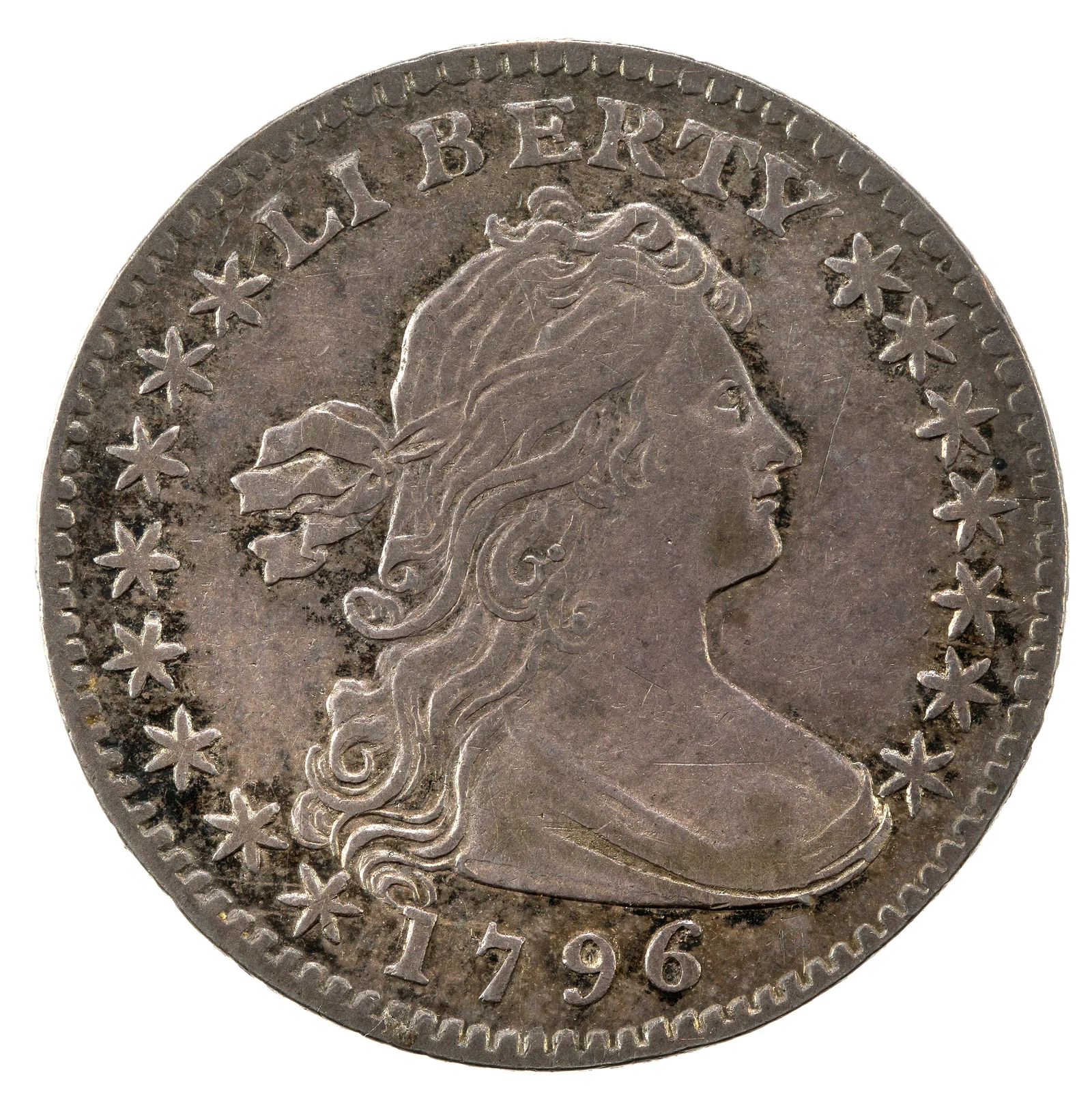 Obverse of a 1796 Draped Bust Small Eagle half dime from the National Numismatic Collection