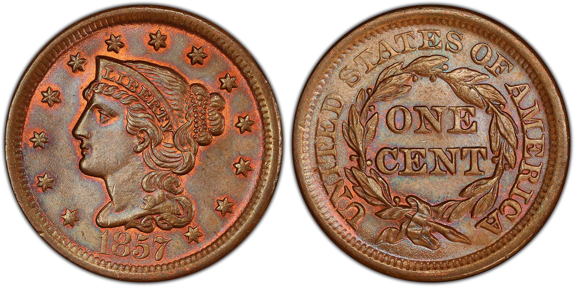 Obverse and reverse of an 1857 Braided Hair large cent